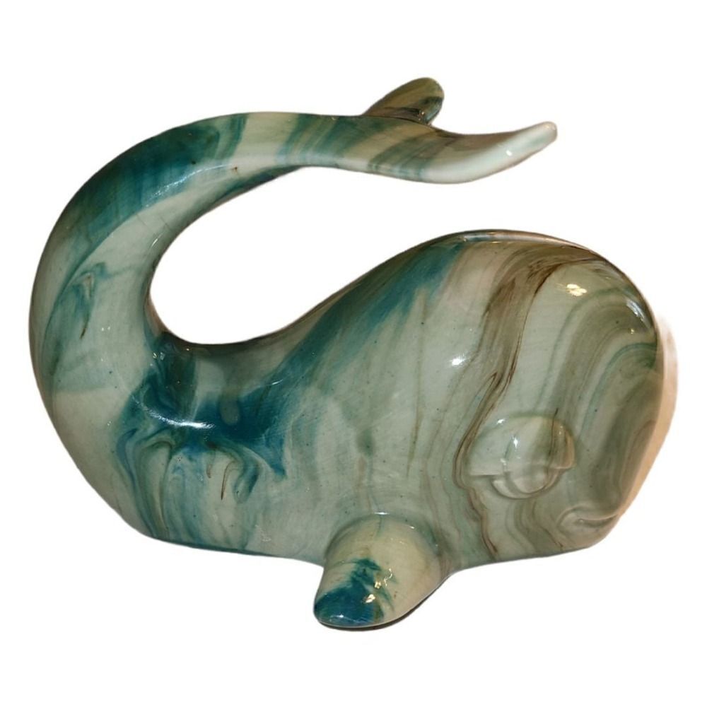 Vintage Ceramic Green Marble Swirl Glazed Whale Coin Bank - Picture 5 of 5